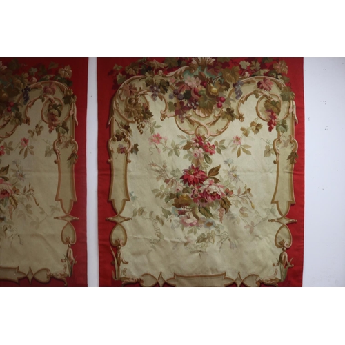 1204 - Set of four French late 19th century Aubusson tapestry wall hangings, all of red ground with floral ... 