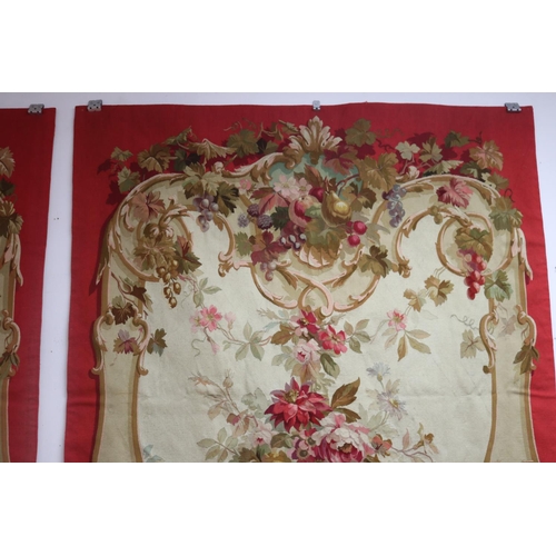 1204 - Set of four French late 19th century Aubusson tapestry wall hangings, all of red ground with floral ... 