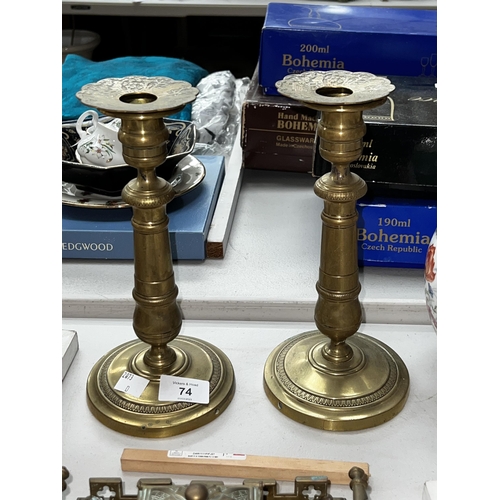 406 - Pair of antique French brass candle sticks, empire, approx 25cm H (2)