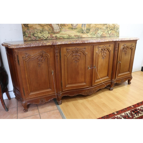 1250 - Vintage French Louis XV style marble topped four door sideboard, approx 102cm H x 258cm W x 54cm D