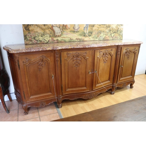 1250 - Vintage French Louis XV style marble topped four door sideboard, approx 102cm H x 258cm W x 54cm D