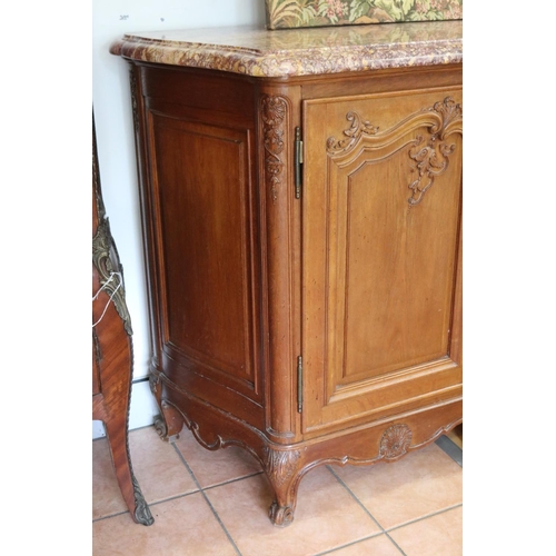 1250 - Vintage French Louis XV style marble topped four door sideboard, approx 102cm H x 258cm W x 54cm D