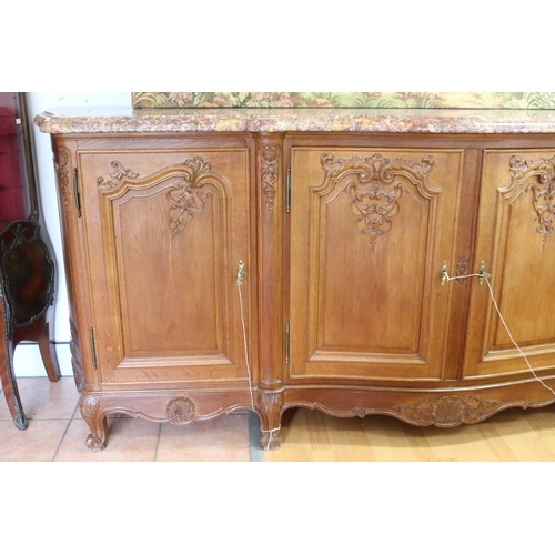 1250 - Vintage French Louis XV style marble topped four door sideboard, approx 102cm H x 258cm W x 54cm D