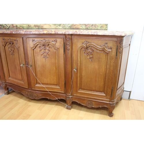 1250 - Vintage French Louis XV style marble topped four door sideboard, approx 102cm H x 258cm W x 54cm D