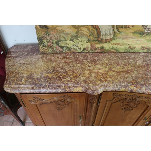 1250 - Vintage French Louis XV style marble topped four door sideboard, approx 102cm H x 258cm W x 54cm D