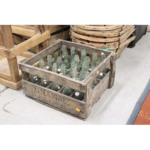 416 - Old French wooden crate with glass bottles, crate approx 24cm H x 44cm L x 46cm W