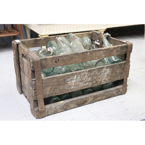 417 - Vintage French wooden crate with glass bottles, approx 34cm H x 61cm L x 37cm W