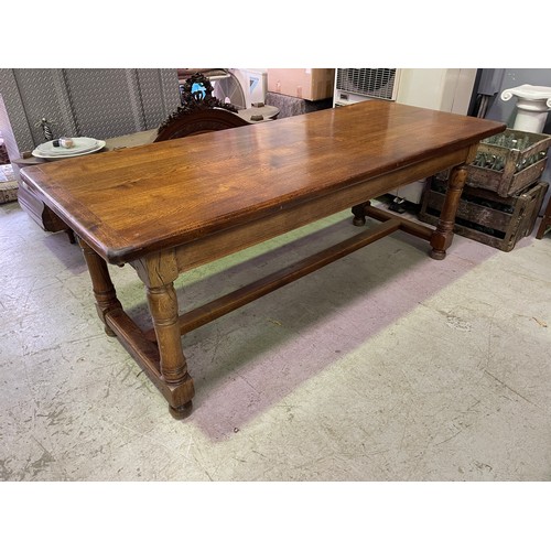 411 - Vintage French oak cleated slab top country table, turned legs with central stretcher, single drawer... 