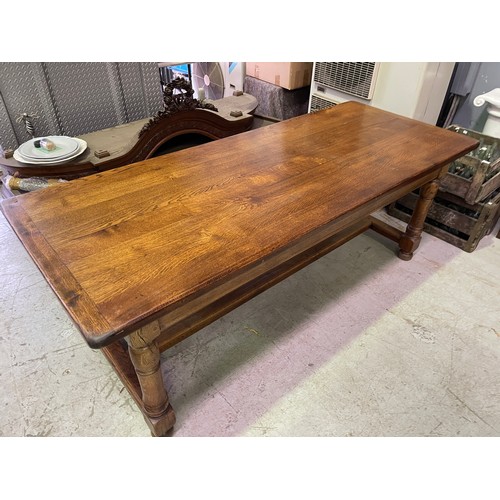 411 - Vintage French oak cleated slab top country table, turned legs with central stretcher, single drawer... 