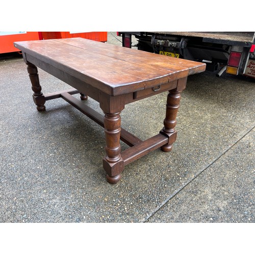 410 - French slab topped period revival country table, baluster turned legs joined by a central stretcher,... 