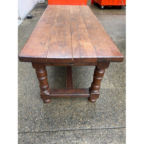 410 - French slab topped period revival country table, baluster turned legs joined by a central stretcher,... 