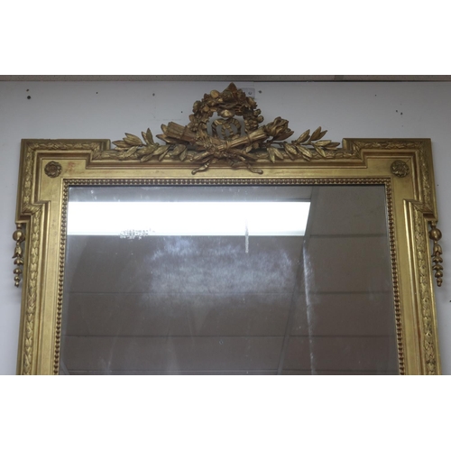 1249 - Fine antique 19th century French gilt surround salon mirror, elaborate crest with crossed torch and ... 