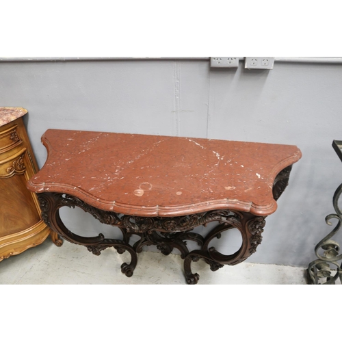 1225 - Fine antique French Louis XV style marble topped console, well carved in relief, pierced aprons,  ap... 