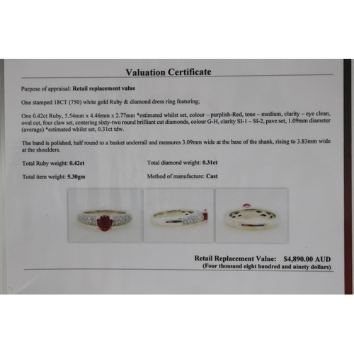 1248 - RETURNED 13/7/24 - Pave diamond and ruby dress ring set in 18ct white gold, Size K, as per valuation... 