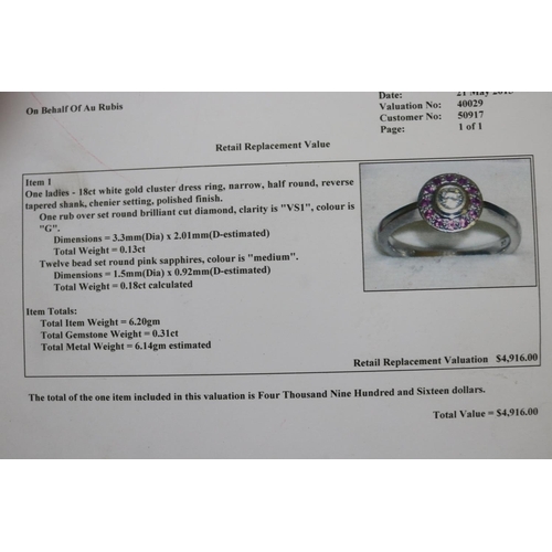 1251 - RETURNED 13/7/24 - Pink sapphire and diamond ring set in white 18ct gold, size Q-R, with valuation, ... 