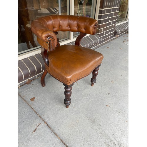 118A - Antique early 19th century English mahogany horse shoe shape desk chair, with brown leather upholste... 