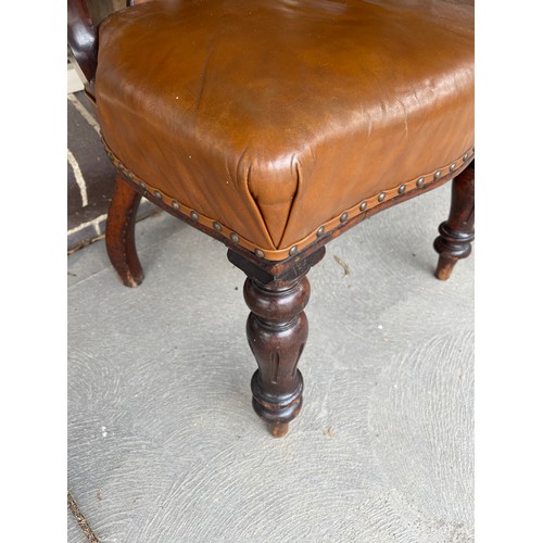 118A - Antique early 19th century English mahogany horse shoe shape desk chair, with brown leather upholste... 
