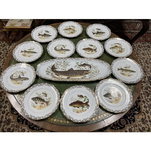 102 - French Porcelain fish service, 12 plates and large serving platter, and sauce boat, approx 54.5 cm  ... 