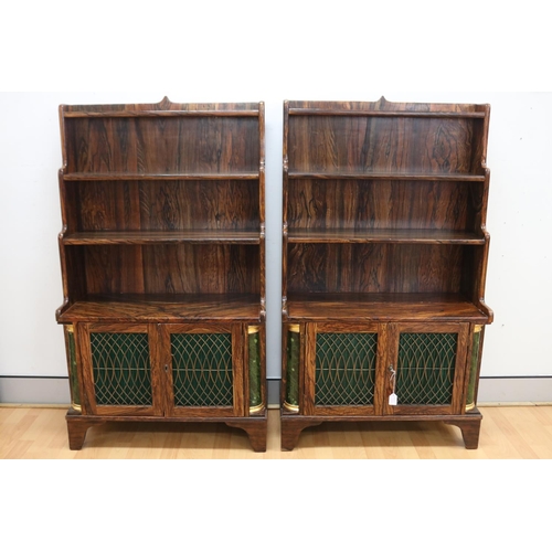 Rare pair of antique waterfall bookcases, painted faux rosewood finish with  green silk lined doors with gilt fretwork and faux painted green marble quarter columns, each approx 79cm L x 32cm W x 126.5cm H (2)
