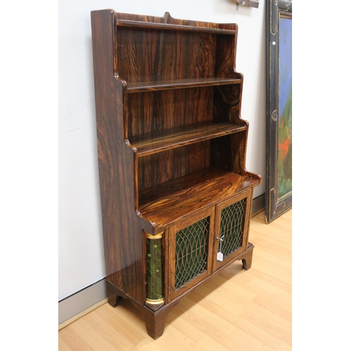 1005 - Rare pair of antique waterfall bookcases, painted faux rosewood finish with  green silk lined doors ... 