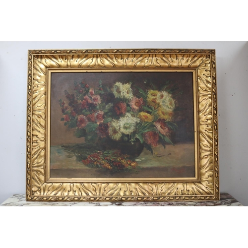 1067 - Antique 19th century European still life, oil on canvas, in gilt frame, approx 88.5cm H x 110.5cm L ... 