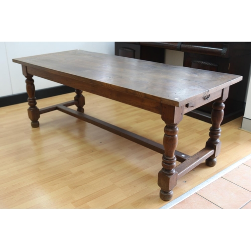 1072 - Vintage French oak cleated slab top country table, turned legs with central stretcher, approx 83.5cm... 