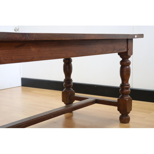 1072 - Vintage French oak cleated slab top country table, turned legs with central stretcher, approx 83.5cm... 