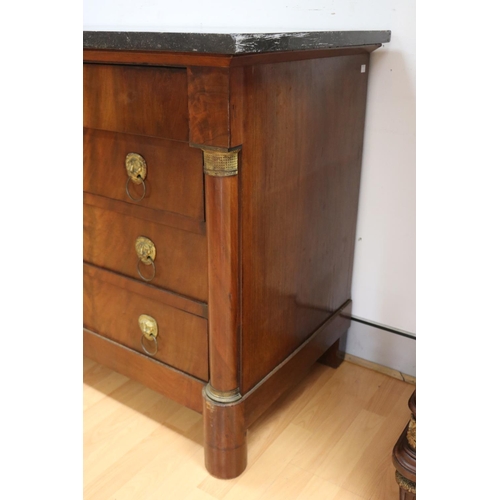 1090 - Antique French Empire style marble topped commode / chest, with lion mask drop handles, approx 130cm... 
