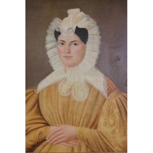 1098 - Antique 19th century portrait of a French lady, oil on canvas, reframed, approx 86cm x 71cm (includi... 