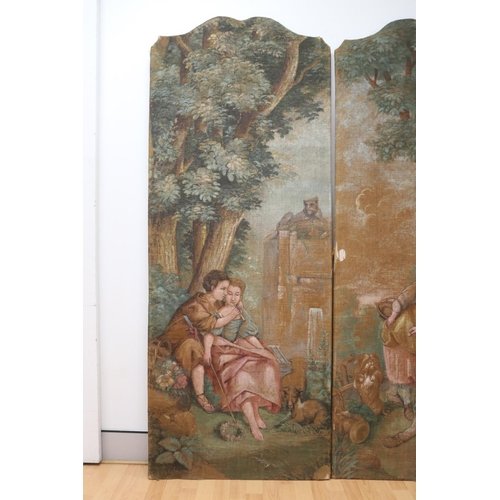 1174 - Pair of French painted canvas floor panels, showing lovers under trees, approx 188cm H x 73.5cm L (2... 