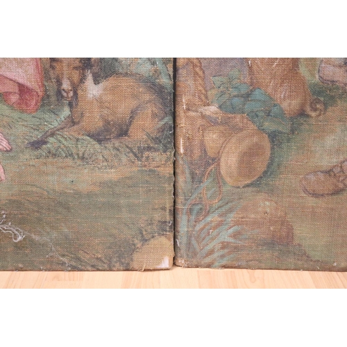 1174 - Pair of French painted canvas floor panels, showing lovers under trees, approx 188cm H x 73.5cm L (2... 