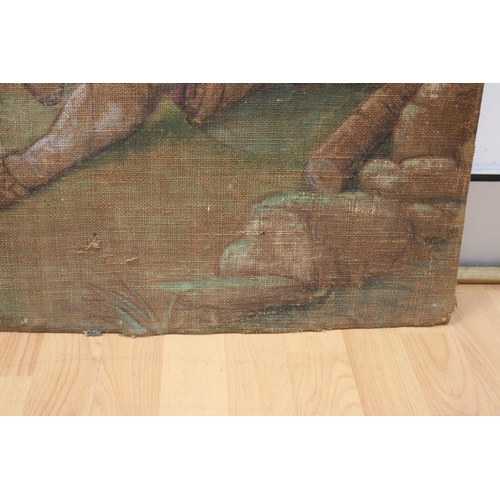 1174 - Pair of French painted canvas floor panels, showing lovers under trees, approx 188cm H x 73.5cm L (2... 