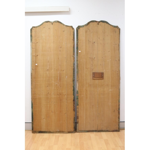 1174 - Pair of French painted canvas floor panels, showing lovers under trees, approx 188cm H x 73.5cm L (2... 