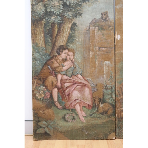 1174 - Pair of French painted canvas floor panels, showing lovers under trees, approx 188cm H x 73.5cm L (2... 
