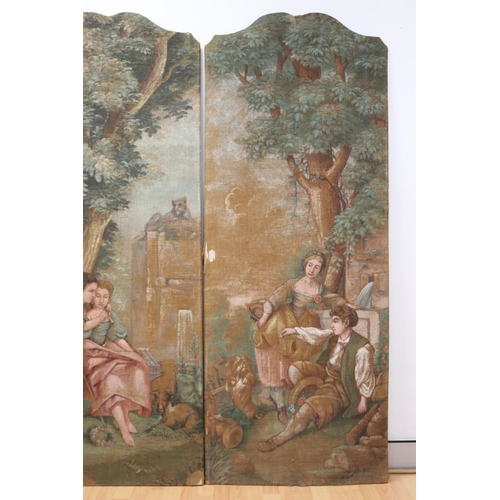 1174 - Pair of French painted canvas floor panels, showing lovers under trees, approx 188cm H x 73.5cm L (2... 