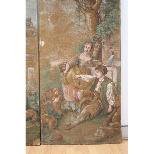 1174 - Pair of French painted canvas floor panels, showing lovers under trees, approx 188cm H x 73.5cm L (2... 