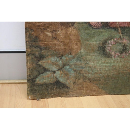 1174 - Pair of French painted canvas floor panels, showing lovers under trees, approx 188cm H x 73.5cm L (2... 