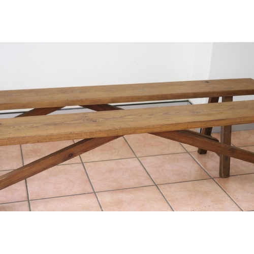 1208 - Pair of French wooden benches with trestle ends, approx 202cm L x 20cm W x 46cm H (2)