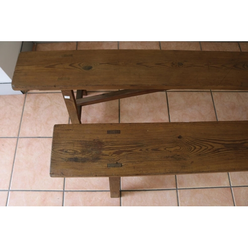 1208 - Pair of French wooden benches with trestle ends, approx 202cm L x 20cm W x 46cm H (2)