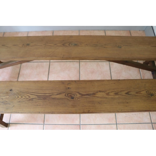 1208 - Pair of French wooden benches with trestle ends, approx 202cm L x 20cm W x 46cm H (2)