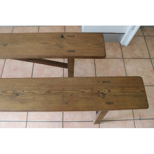 1208 - Pair of French wooden benches with trestle ends, approx 202cm L x 20cm W x 46cm H (2)