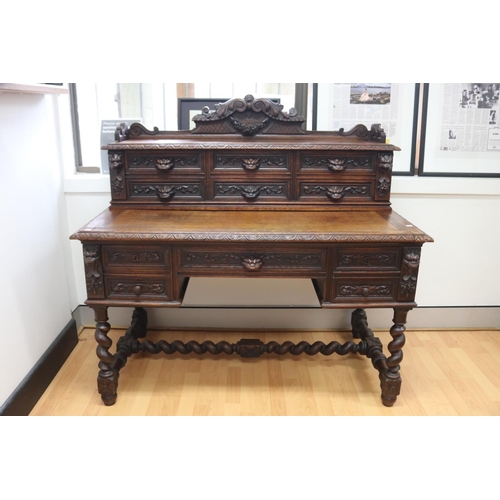 1219 - Antique French Renaissance revival desk, standing on turned legs & stretcher base, carved in relief,... 