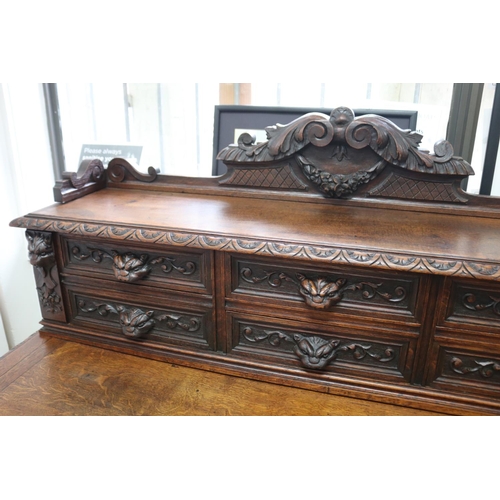 1219 - Antique French Renaissance revival desk, standing on turned legs & stretcher base, carved in relief,... 