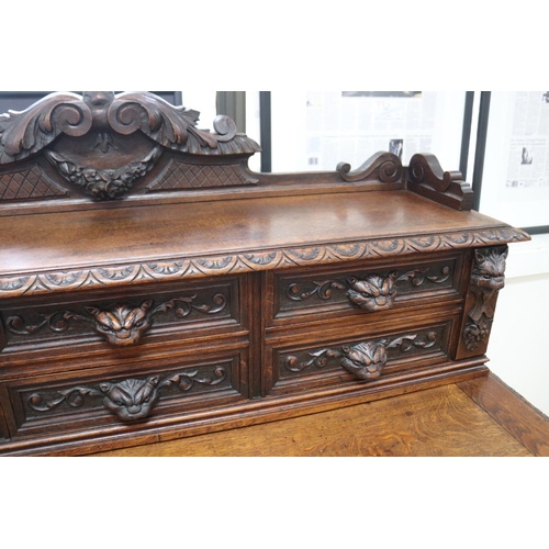 1219 - Antique French Renaissance revival desk, standing on turned legs & stretcher base, carved in relief,... 