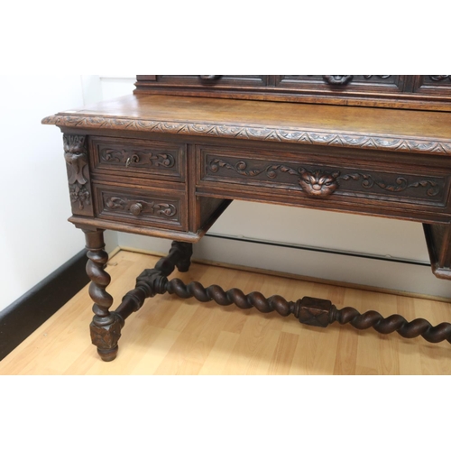 1219 - Antique French Renaissance revival desk, standing on turned legs & stretcher base, carved in relief,... 