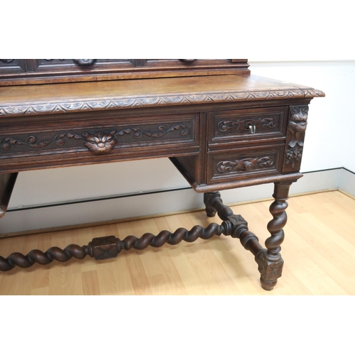 1219 - Antique French Renaissance revival desk, standing on turned legs & stretcher base, carved in relief,... 