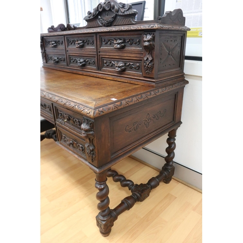 1219 - Antique French Renaissance revival desk, standing on turned legs & stretcher base, carved in relief,... 