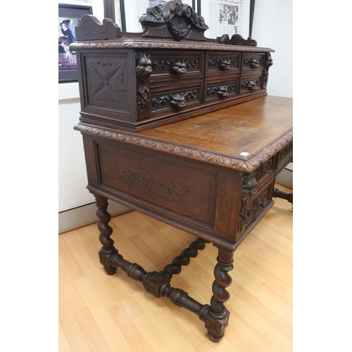 1219 - Antique French Renaissance revival desk, standing on turned legs & stretcher base, carved in relief,... 