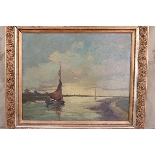 1296 - Herbosch, fishing boats and estuary, oil on board, signed indistinctly lower left, frame approx 64cm... 