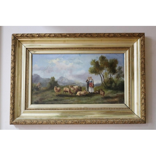 1297 - French School, Sheppard's with sheep, oil on board, unsigned, approx 26cm x 48cm